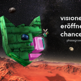 Eine Rakete in Form des phase grün Logos schwebt durchs All über den Mars. Mit dabei ist ein Hase in einem Raumanzug, der eine Möhre in der Hand hält. Der Slogan "Visionen eröffnen Chancen" ist im Hintergrund zu sehen.