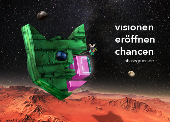 Eine Rakete in Form des phase grün Logos schwebt durchs All über den Mars. Mit dabei ist ein Hase in einem Raumanzug, der eine Möhre in der Hand hält. Der Slogan "Visionen eröffnen Chancen" ist im Hintergrund zu sehen.